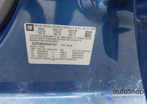 2015 Chevrolet Silverado 1500 2Lt из США, поврежденный, VIN 3GCPCREC0FG381091